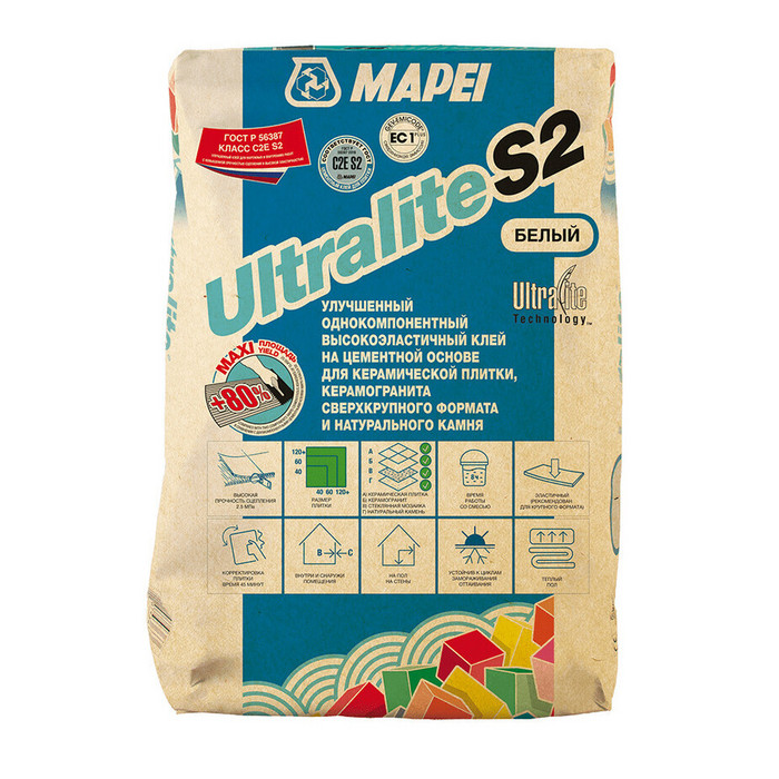 Клей для плитки/ керамогранита/ камня Mapei Ultralite S2 высокоэластичный универсальный белый класс C2 E S2 15 кг