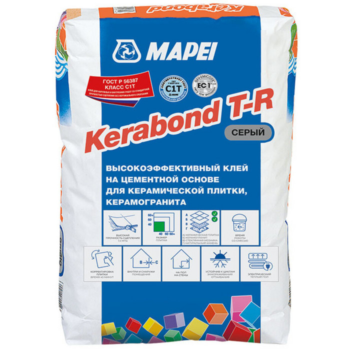 Клей для плитки/ керамогранита/ камня Mapei Kerabond T-R высокопрочный серый класс С1 Т 25 кг