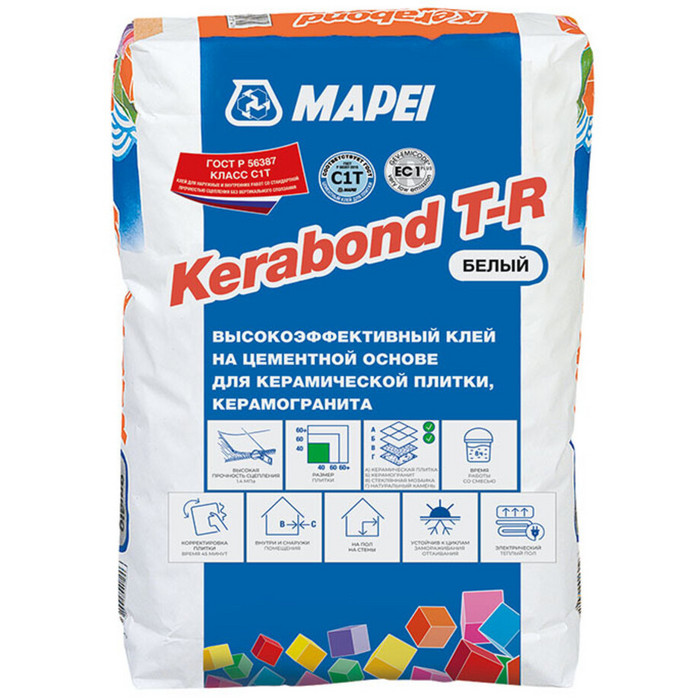 Клей для плитки/ керамогранита/ мозаики/ камня Mapei Kerabond T-R высокопрочный белый класс С1 Т 25 кг