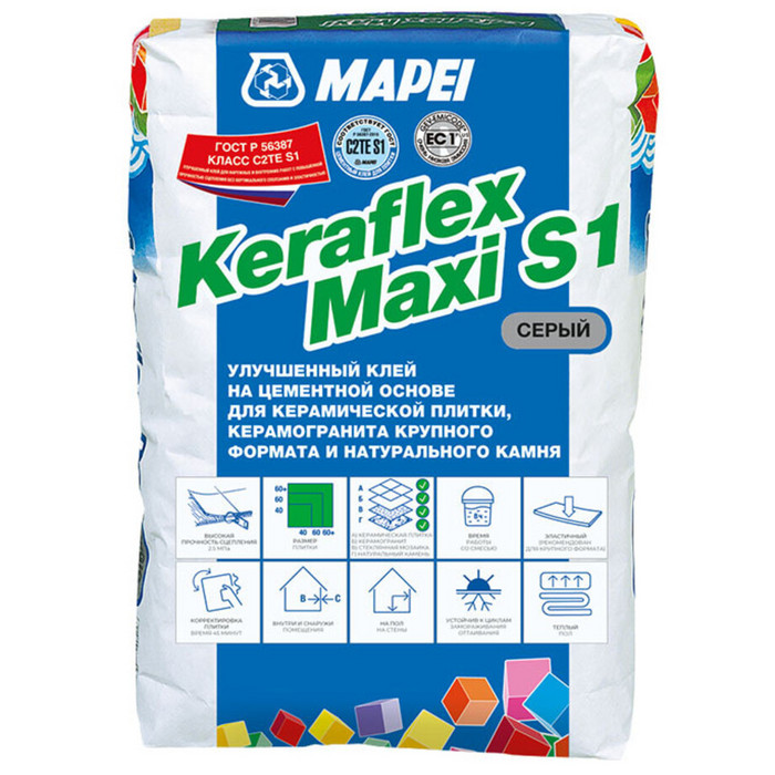 Клей для плитки/ керамогранита/ камня Mapei Keraflex Maxi S1 эластичный серый класс С2 ТЕ S1 25 кг