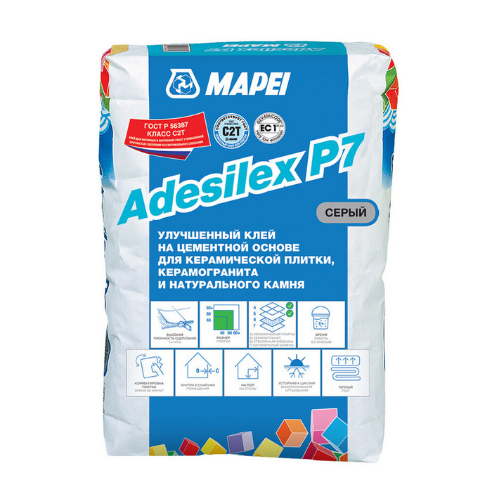 Клей для плитки/ керамогранита/ камня Mapei Adesilex P7 высокопрочный серый класс С2 Т 25 кг